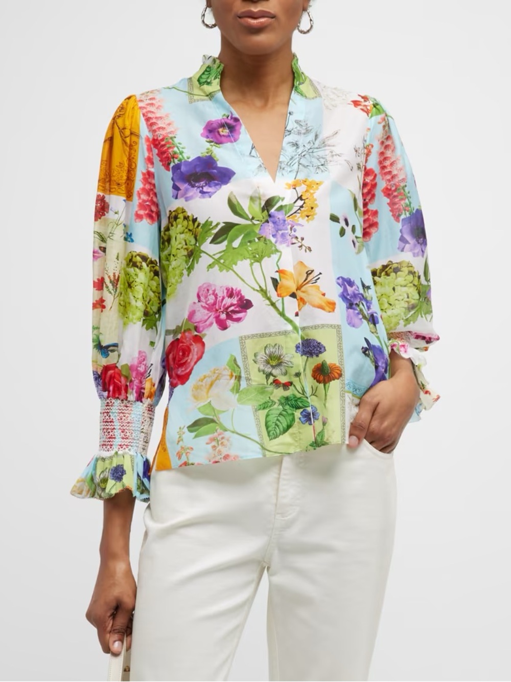 Alice + Olivia Ilan Floral Patchwork Smocked Button Front Blouse Silk blend M